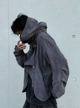 RELABEL 空间关系（伏线续）麂皮可拆大兜帽翻驳领短款宽松夹克