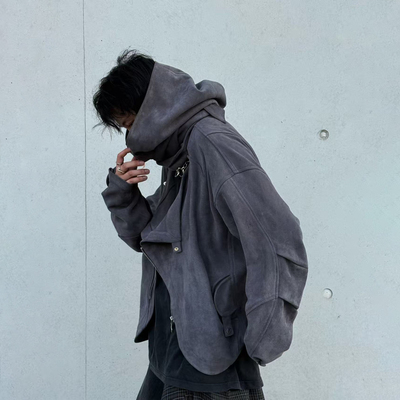 麂皮可拆大兜帽翻驳领宽松夹克