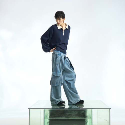 RELABEL(‘LABEL)定制肌理拼料牛皮绒半拉链可调解构长袖poloT恤