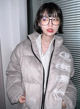 RELABEL 麂皮印花加厚保暖羽绒棉服立领面包潮牌棉衣先锋外套男女