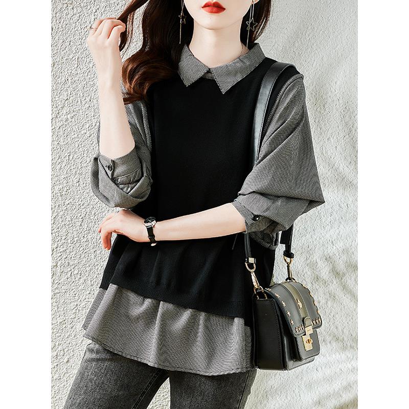 ROUMIKL欧货高档2025新款设计感小众时尚气质假两件拼接宽松长袖