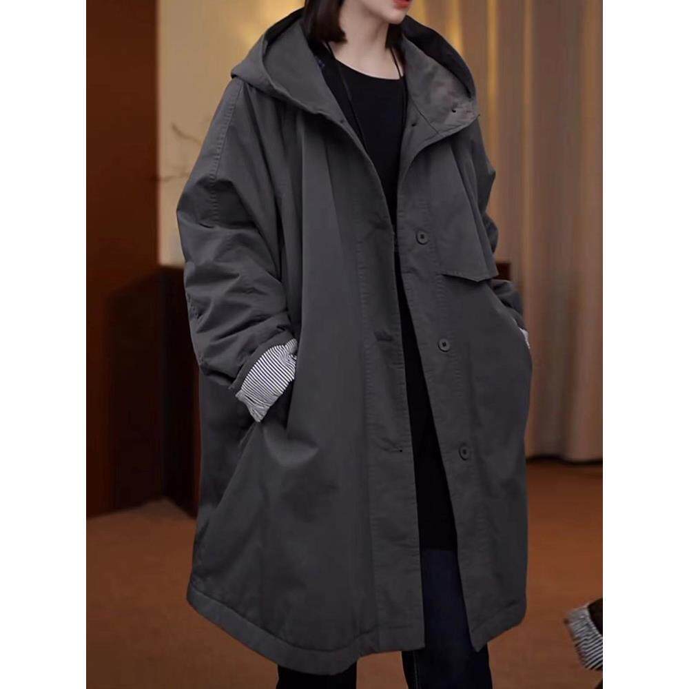 ROUMIKL休闲连帽服外套女冬季中长款大码胖妹妹加加厚风衣袄子