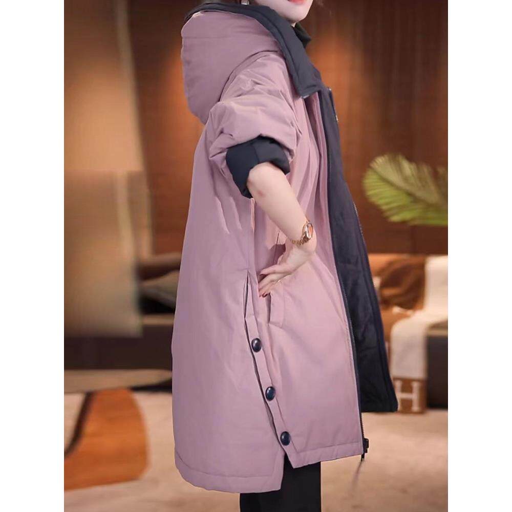 ROUMIKL休闲温柔皮粉色中长款服外套女冬季轻薄保暖连帽衣袄子