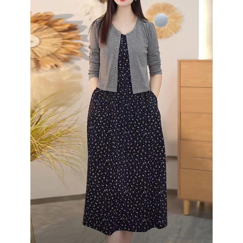 ROUMIKL温柔妈妈碎花裙外套两件套时尚优雅大码连衣裙套装女秋季2