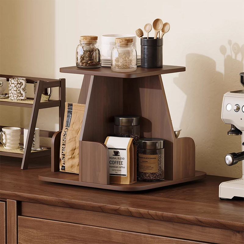 实木旋转桌面收纳置物架餐边柜水杯咖啡杯餐桌中古风台面收纳架