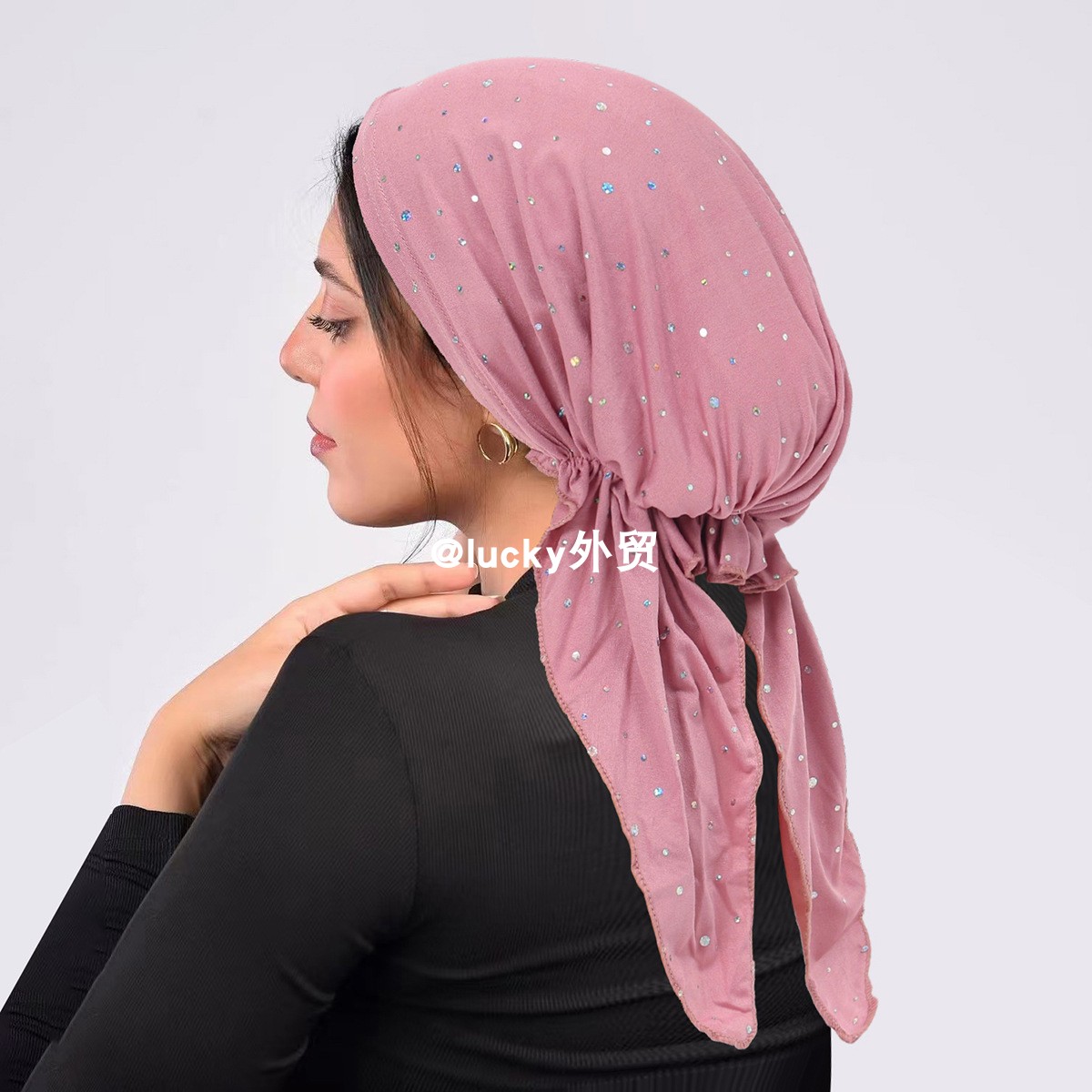 欧美外贸亮片头巾帽两条尾巴套头帽子女包头帽子turban hat wowen