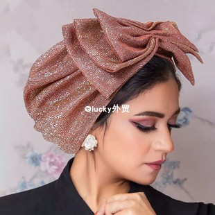 欧美手缝亮粉蝴蝶结法式包头帽中东头巾帽简便套头装饰帽女turban