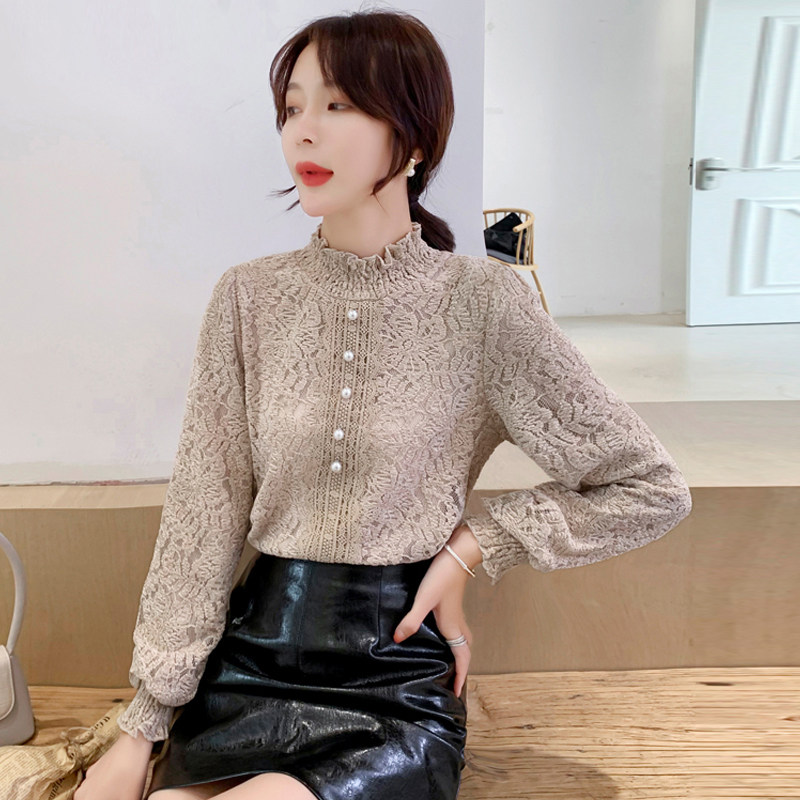 加绒蕾丝时尚打底衫女装秋冬韩版内搭半高领洋气T恤雪纺长袖小衫