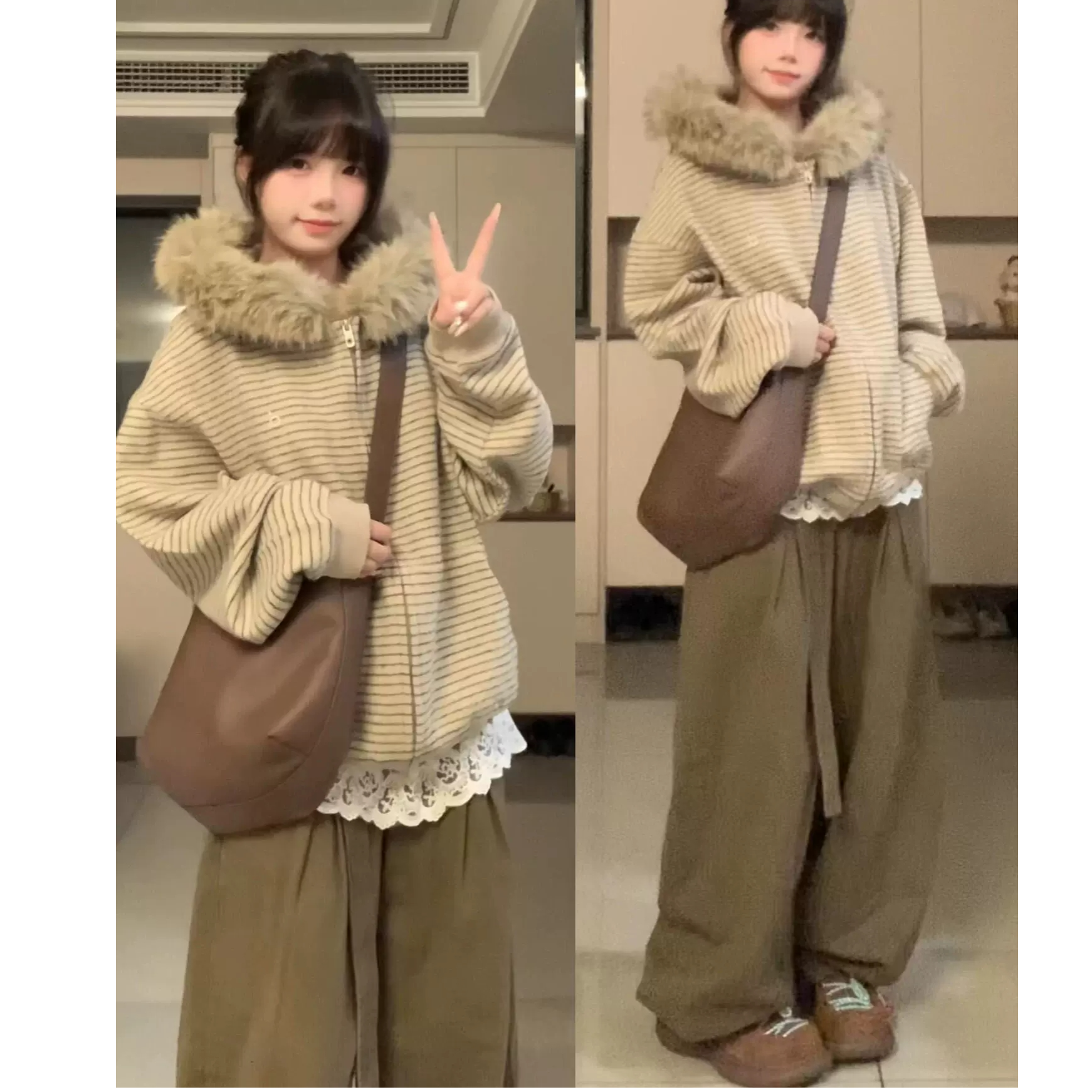 超好看的条纹连帽卫衣外套女秋冬