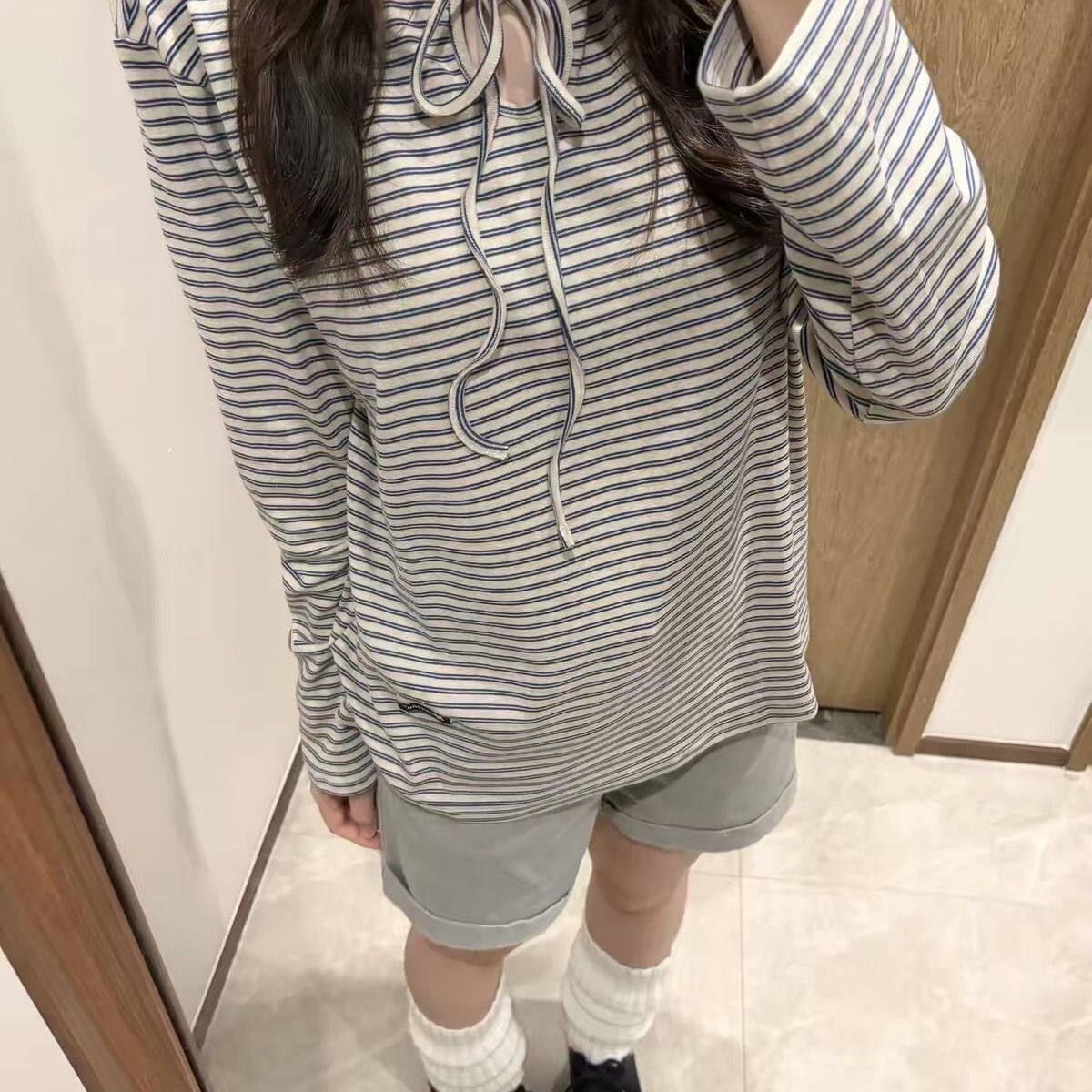 超火韩系慵懒蓝色条纹前后两穿系带长袖T恤女秋新款宽松打底上衣