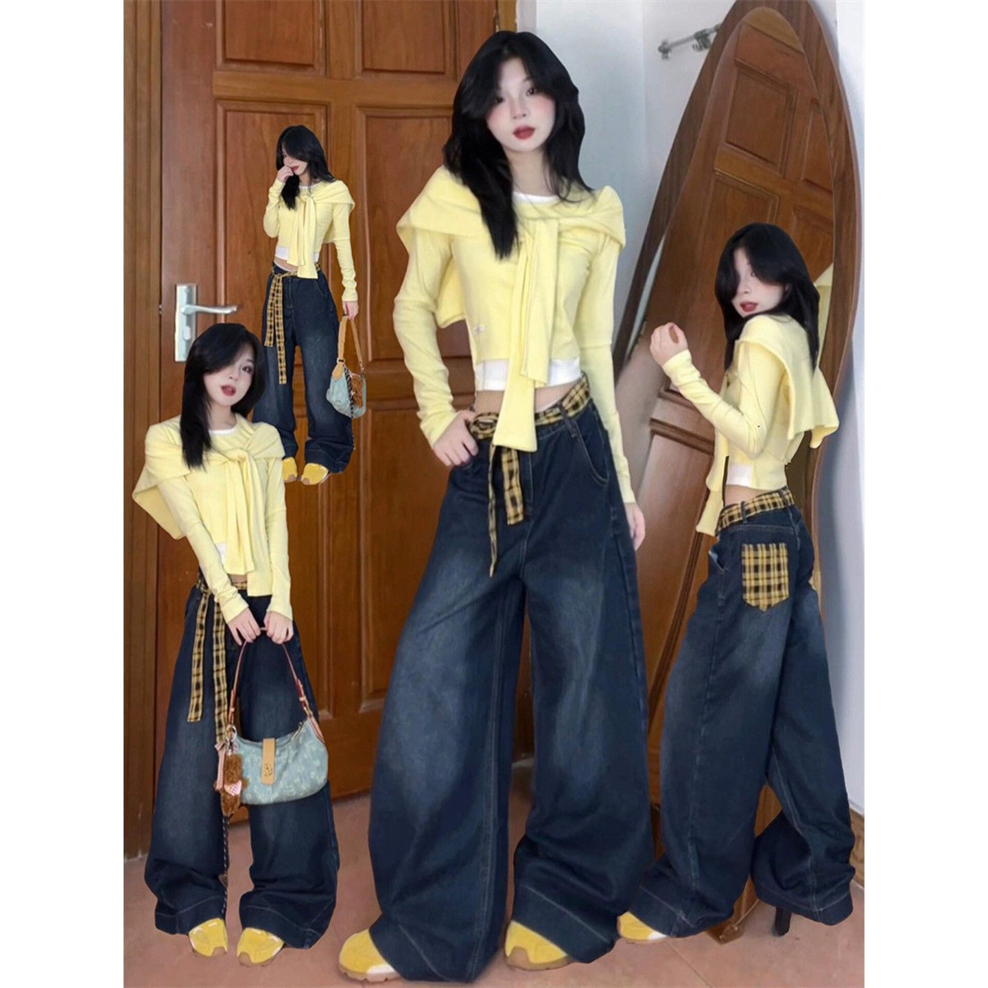 韩系黄色披肩圆领长袖t恤女2025
