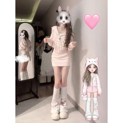 韩系粉色满印连帽卫衣开衫女2025