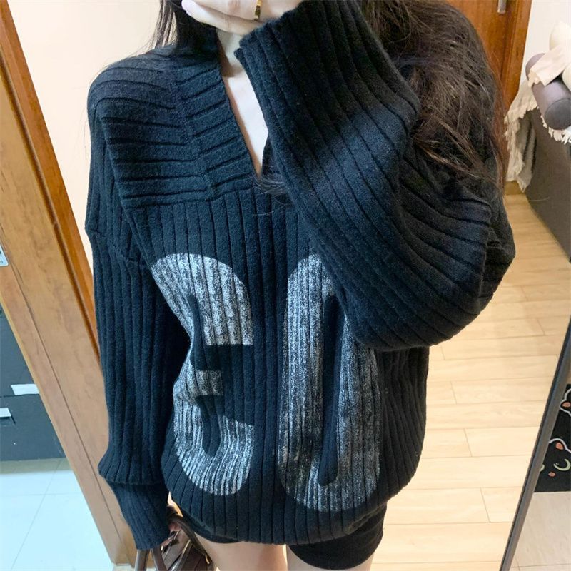 美式复古字母印花针织衫上衣女