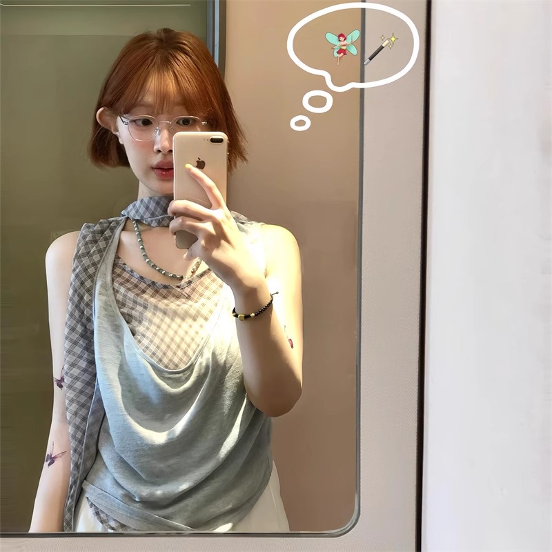 假两件蓝色格子荡领T恤女装夏季