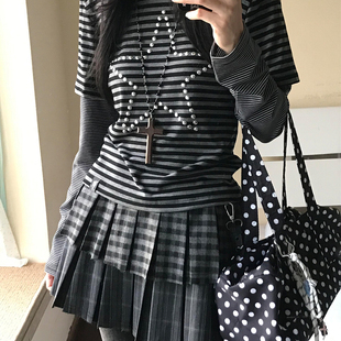 亚文化条纹假两件长袖t恤女早秋季穿搭美式复古星星烫钻chic上衣