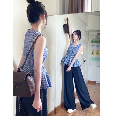夏日蓝白格子背心无袖上衣女2025