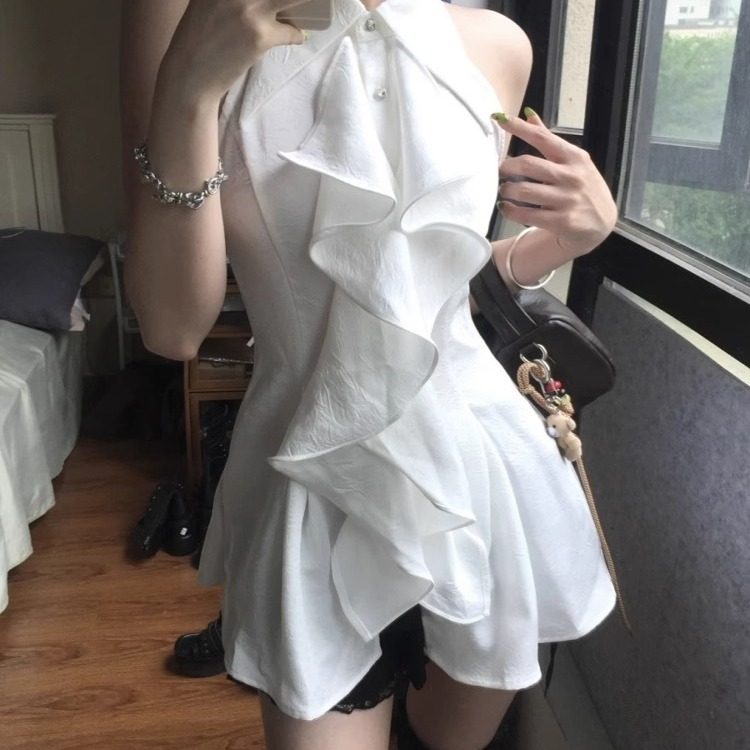 设计感polo领挂脖白色衬衫女夏季图片