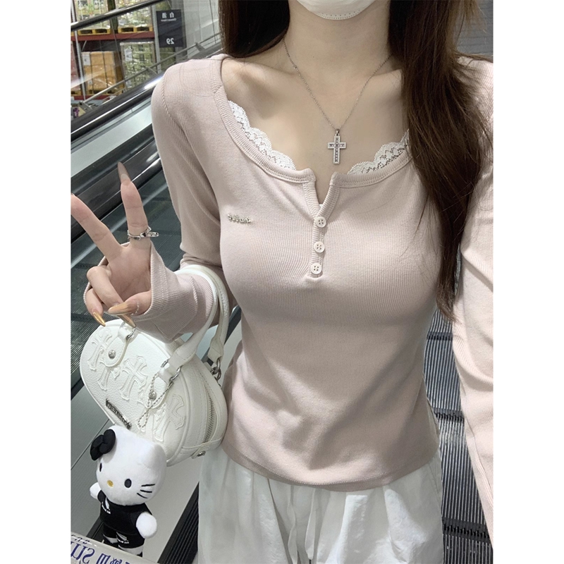 小众拼接蕾丝边半开领长袖T恤女