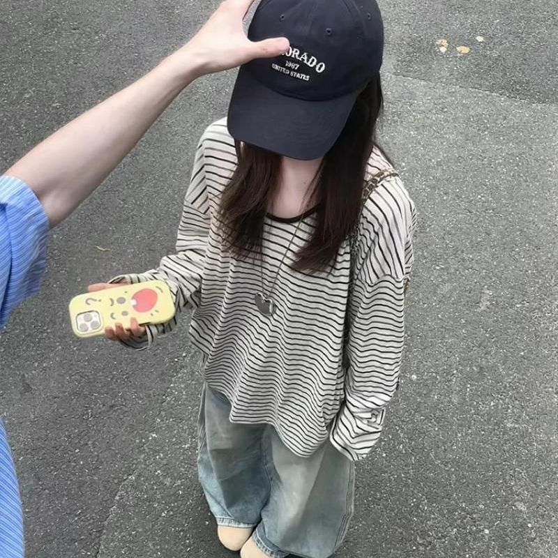韩系休闲风黑白条纹长袖t恤女