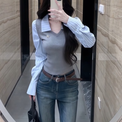 韩系学院风假两件长袖女早秋季