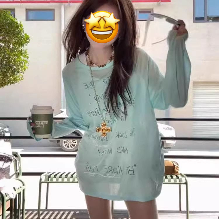 薄荷绿长袖T恤女夏季微透薄款图片