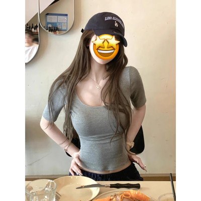 超好看灰色u领中袖T恤女夏季新款