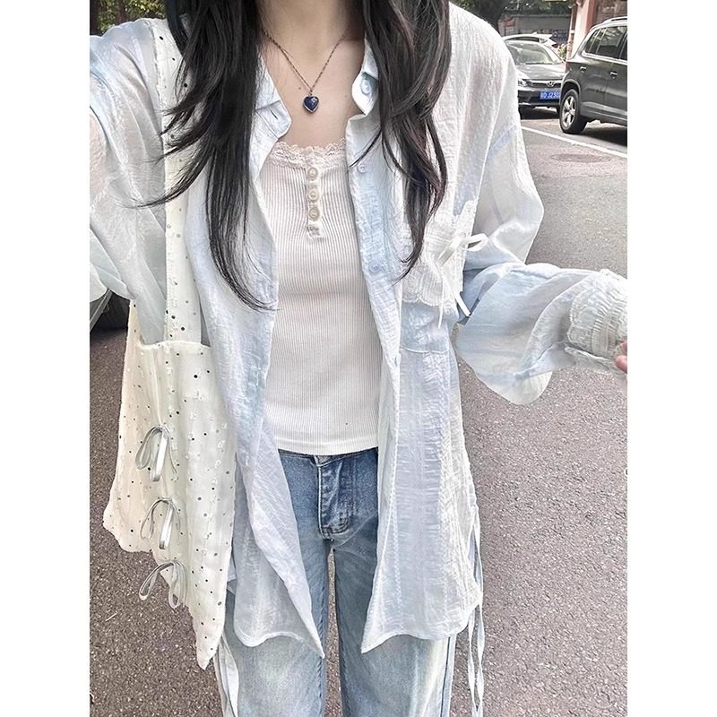 2025蕾丝拼接设计感蓝色防晒衬衫女款夏季薄款冰丝宽松衬衣外套