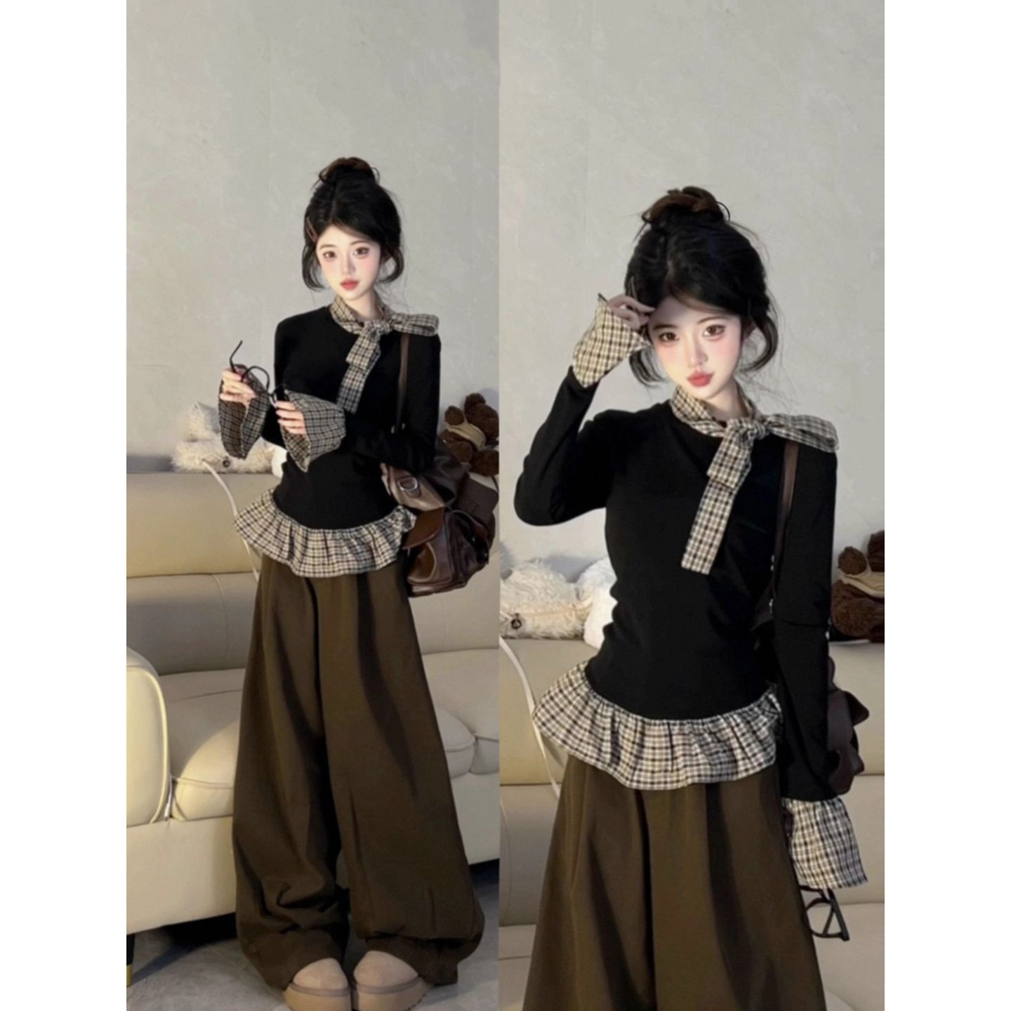 超好看假两件格子拼接长袖t恤女