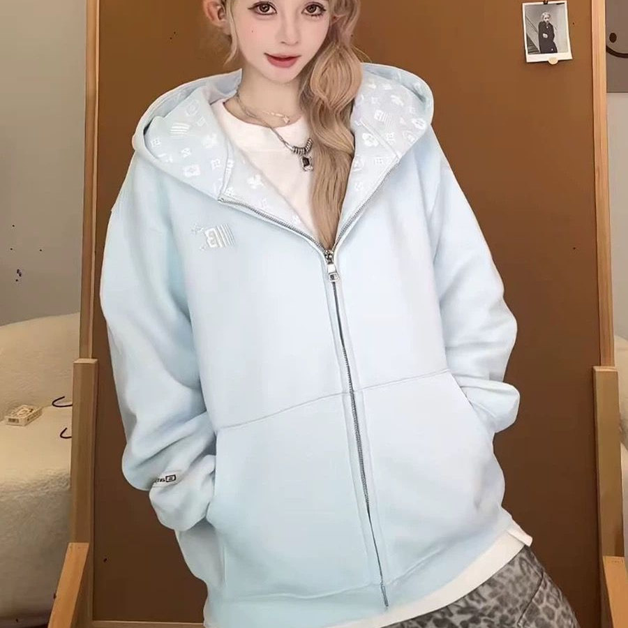 美式复古老花字母印花连帽卫衣女