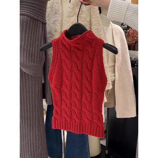 小香风红色无袖半高领针织背心女2025春秋新款高级感显瘦打底上衣