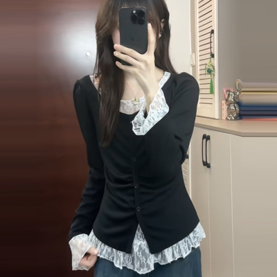 韩系蕾丝花边假两件长袖T恤女秋