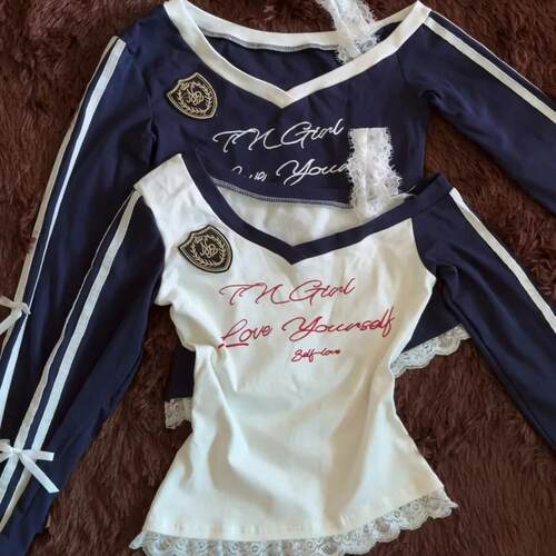 美式复古V领露肩上衣女早秋新款