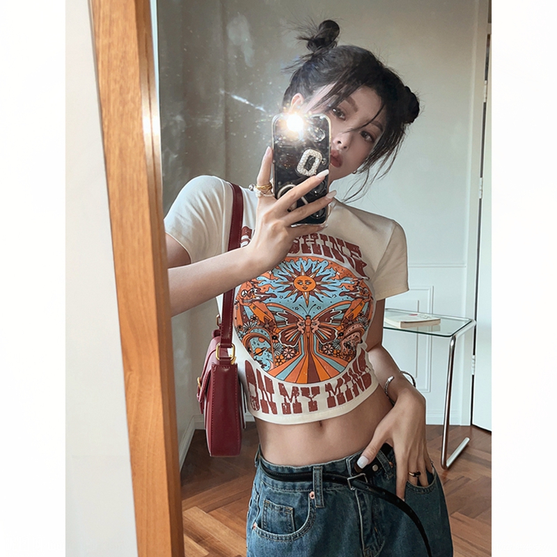 芙依珊美式复古紧身正肩T恤女