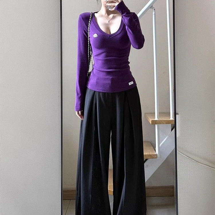 超显白辣妹紫色长袖t恤女2025春季薄款修身显瘦v领高级感短款上衣,女装/女士精品,T恤,淘宝优惠券,粉丝福利购,淘宝优惠卷