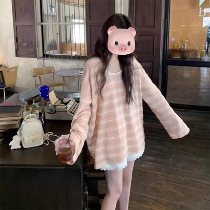 松弛感撞色条纹长袖T恤女2025春夏新款薄款宽松慵懒风别致上衣潮