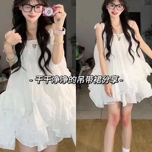 吊带连衣裙女夏季 甜美温柔荷叶边无袖 宽松显瘦度假风半身蓬蓬短裙