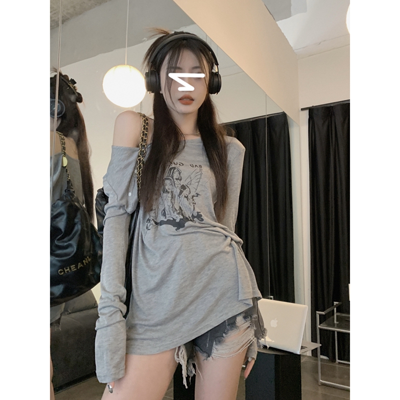 灰色复古设计感长袖露肩T恤女