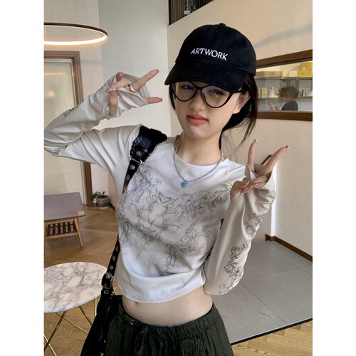 美式chic印花正肩长袖T恤女秋季