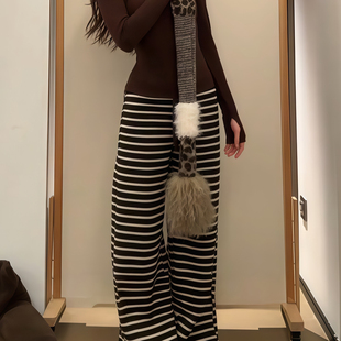 加绒加厚拖地糯米裤 高腰宽松直筒裤 女秋冬新款 韩系条纹针织阔腿裤