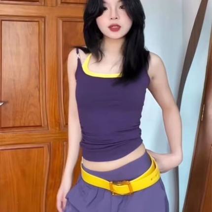 假两件紫色挂脖背心女装夏季小众设计感两边做皱收腰显瘦辣妹上衣