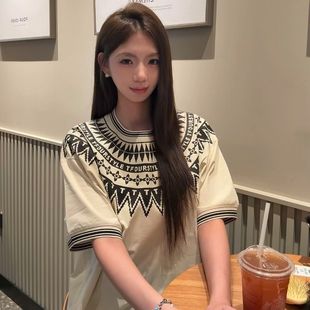 复古个性 T恤女2025夏季 美式 织带短袖 独特绝美上衣潮 新款 纯棉半袖