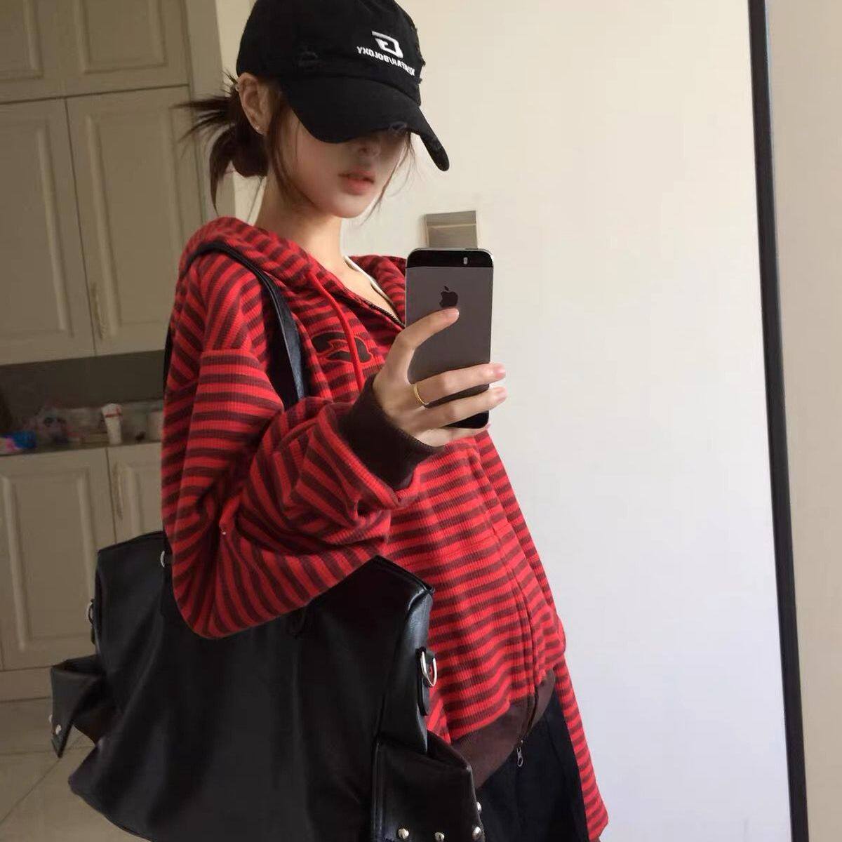 美式复古红色条纹撞色连帽开衫卫衣女秋季宽松百搭松弛感拉链外套