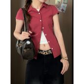 港风复古红色polo领短袖 通勤显瘦正肩上衣 新款 格子衬衫 女2025夏季