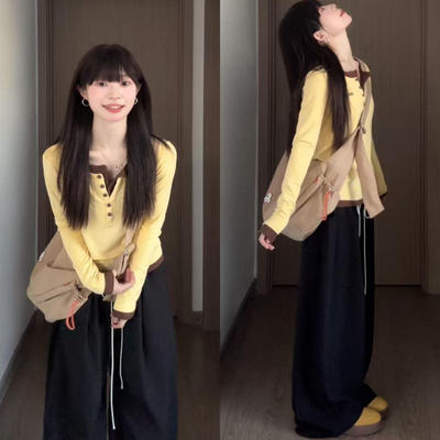 韩系甜辣妹假两件黄色长袖T恤女