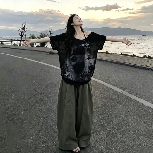 美式复古人像印花短袖T恤女夏季