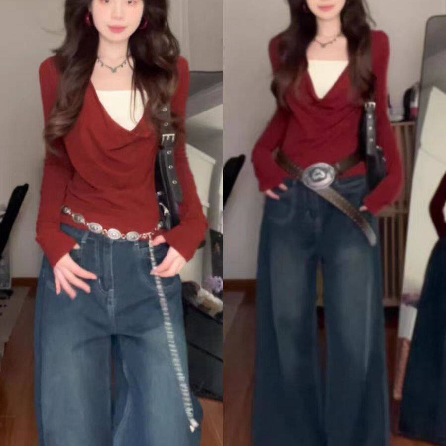 韩系气质红色荡领假两件长袖t恤