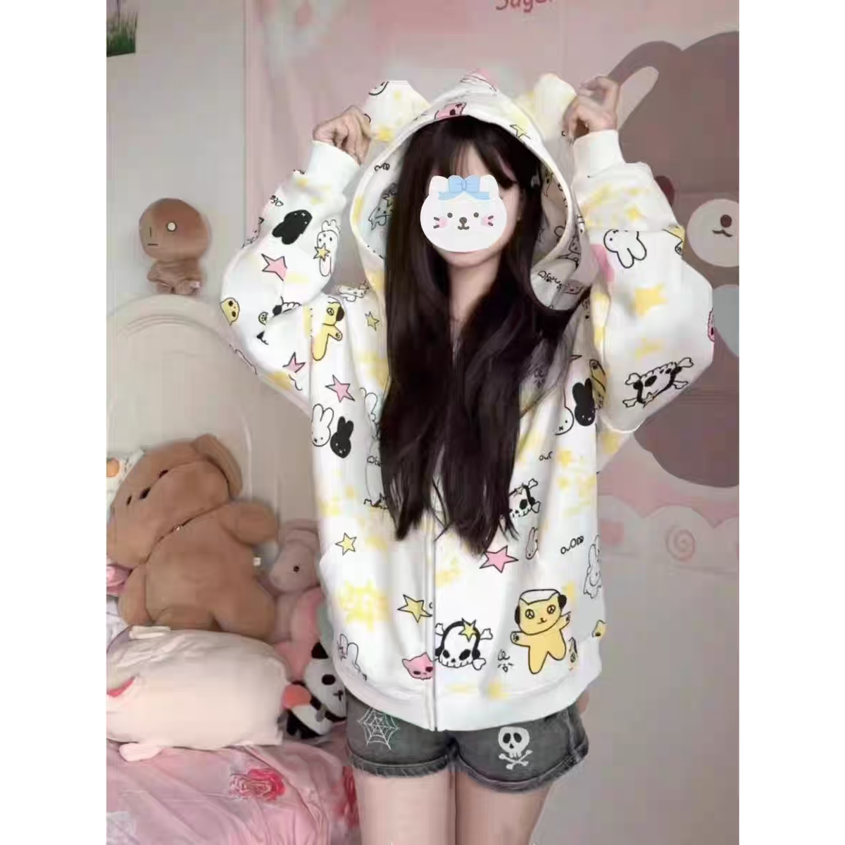 美式复古卡通涂鸦连帽卫衣女秋冬