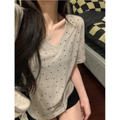 短袖 T恤女夏季 设计款 纯欲微透v领波点系列款 宽松百搭垂感薄款 上衣