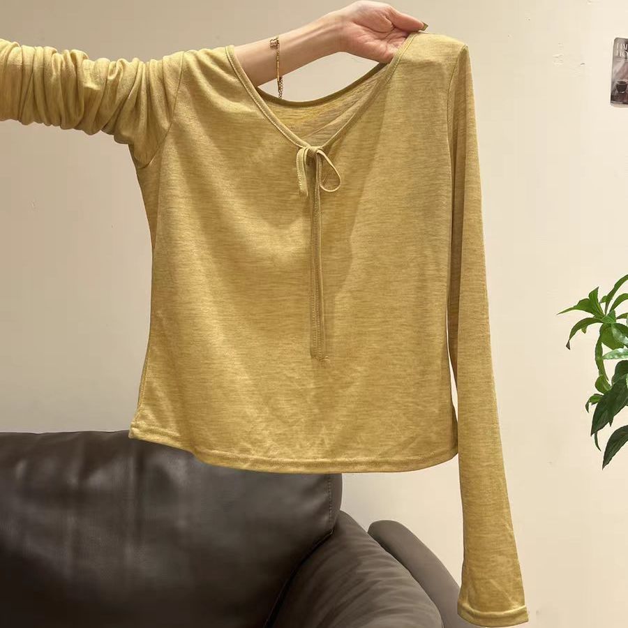 韩系穿搭辣妹微透薄款长袖T恤