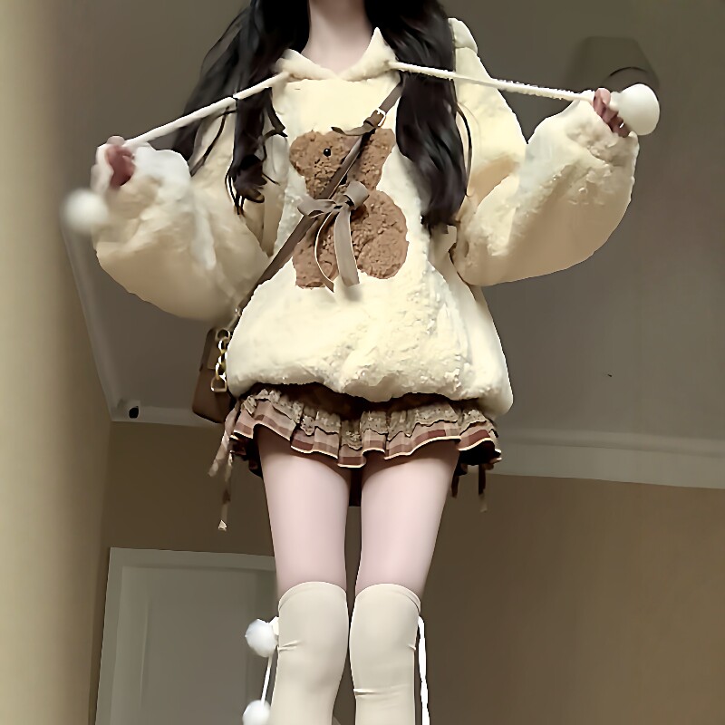 日系软妹小熊套装裙女装2025秋冬新款学生保暖连帽卫衣高级感短裙,女装/女士精品,T恤,淘宝优惠券,粉丝福利购,淘宝优惠卷